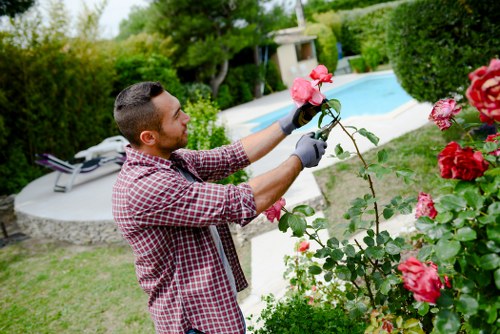 Crew member at work on a Bow lawn with recycling bins nearby