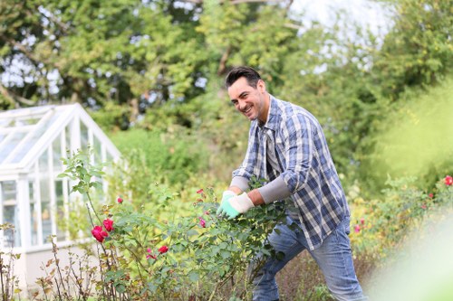 Ergonomic lawn mowing bow in use